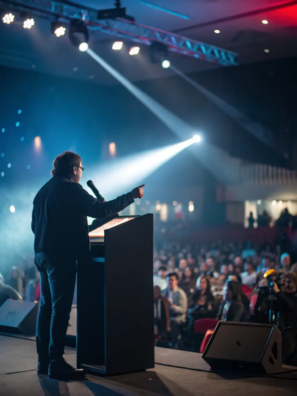 A photo capturing a VO/VF ASSOCIATION-organized conference, with a renowned author delivering a keynote speech to an attentive audience.
