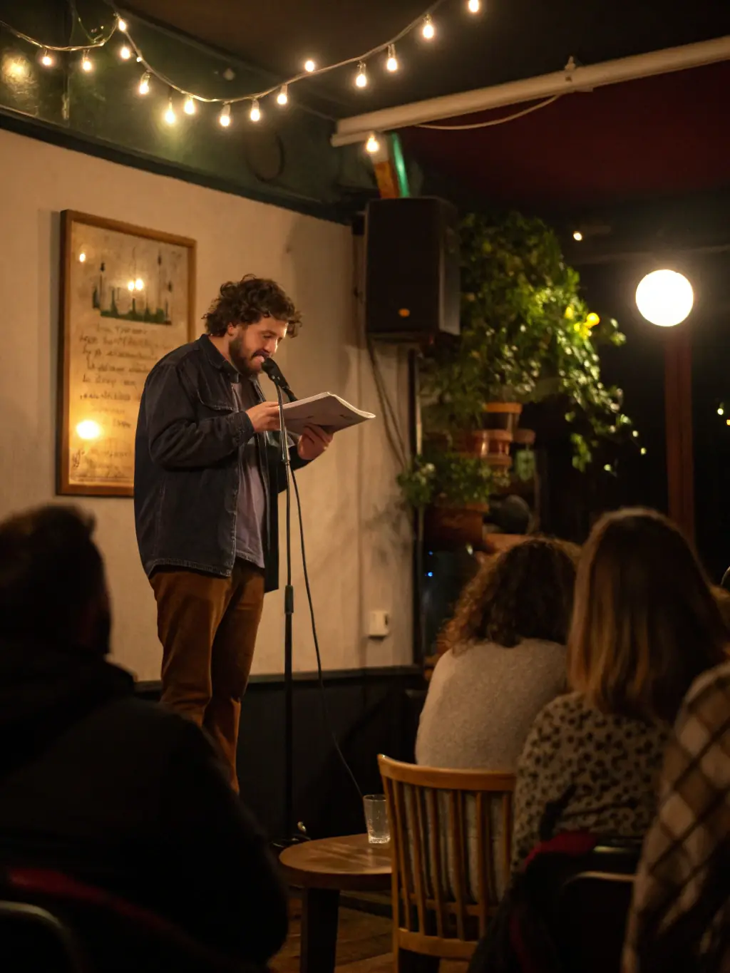 A photograph capturing a vibrant poetry slam event organized by VO/VF, showcasing diverse voices and enthusiastic audience participation.