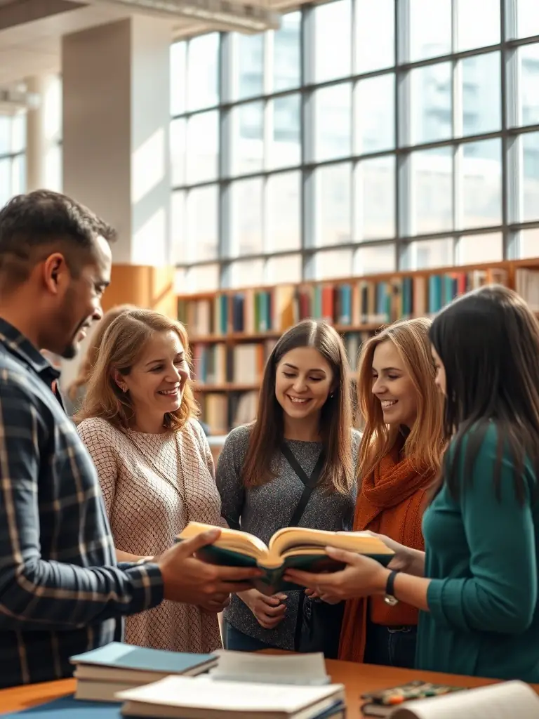 A photograph of a VO/VF ASSOCIATION literary meeting, with participants actively engaged in a discussion about a classic novel, set in a cozy library.