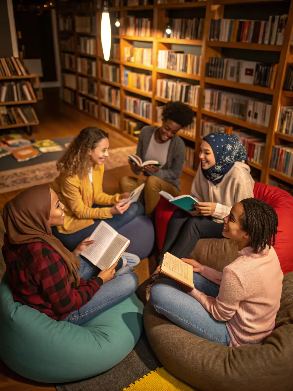 An image depicting a book discussion group at VO/VF, with participants actively engaged in conversation around a featured literary work.