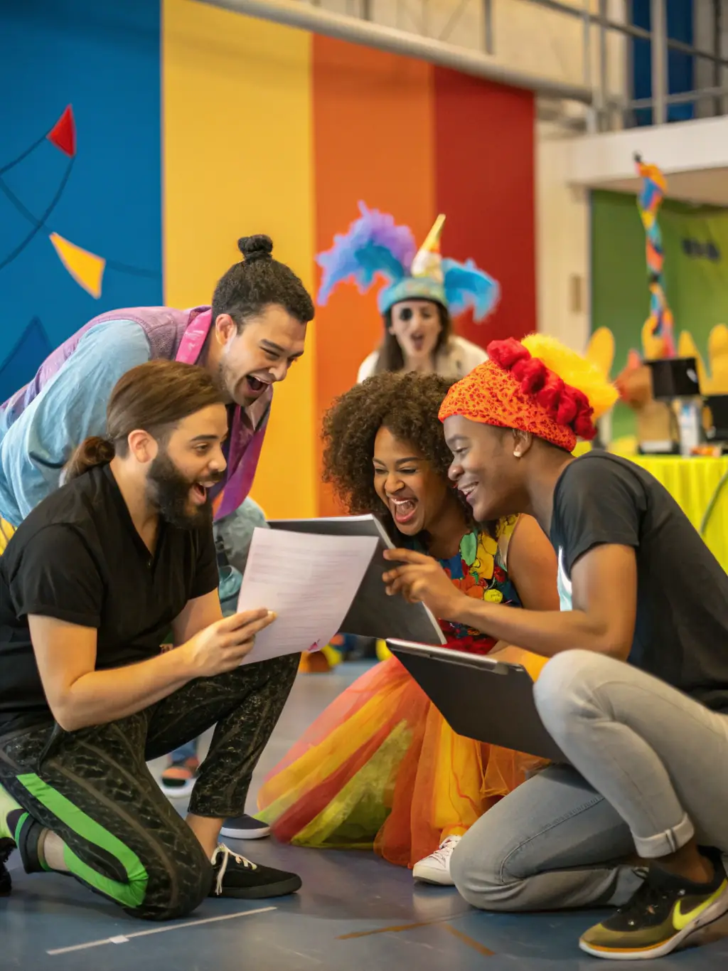 A vibrant image of a VO/VF ASSOCIATION-sponsored poetry slam, featuring a diverse group of performers and audience members in a lively setting.